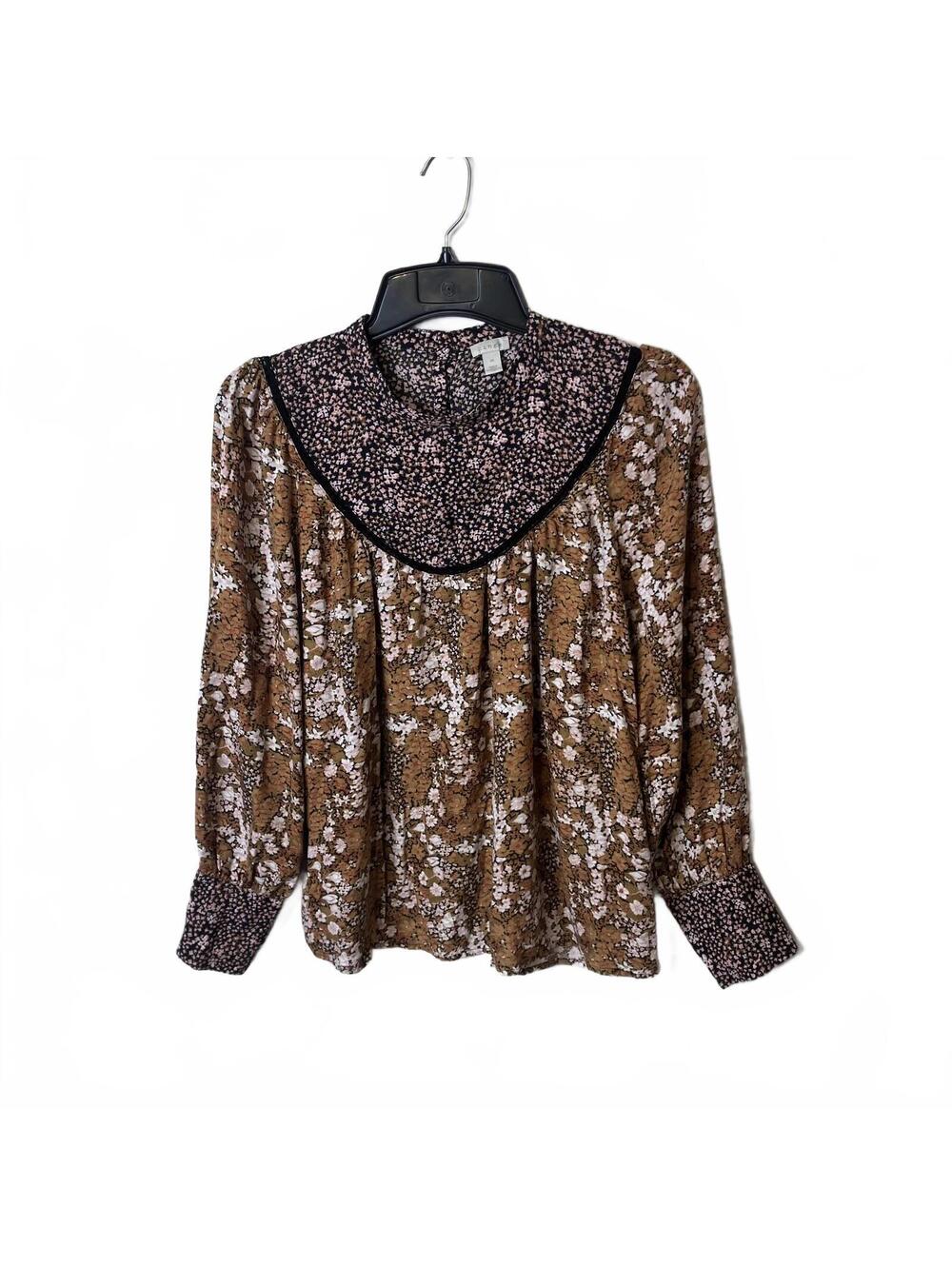 HINGE Women's Vintage Boho Brown Floral Long Sleeve Coquette Blouse Size Medium